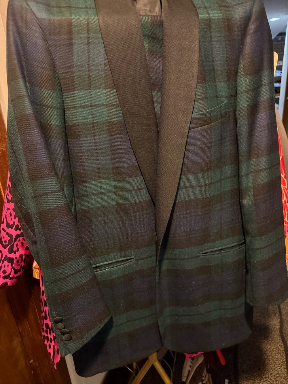 Ralph Lauren Ben Silver Black Watch Plaid Tuxedo Jacket with Black Satin Lapel